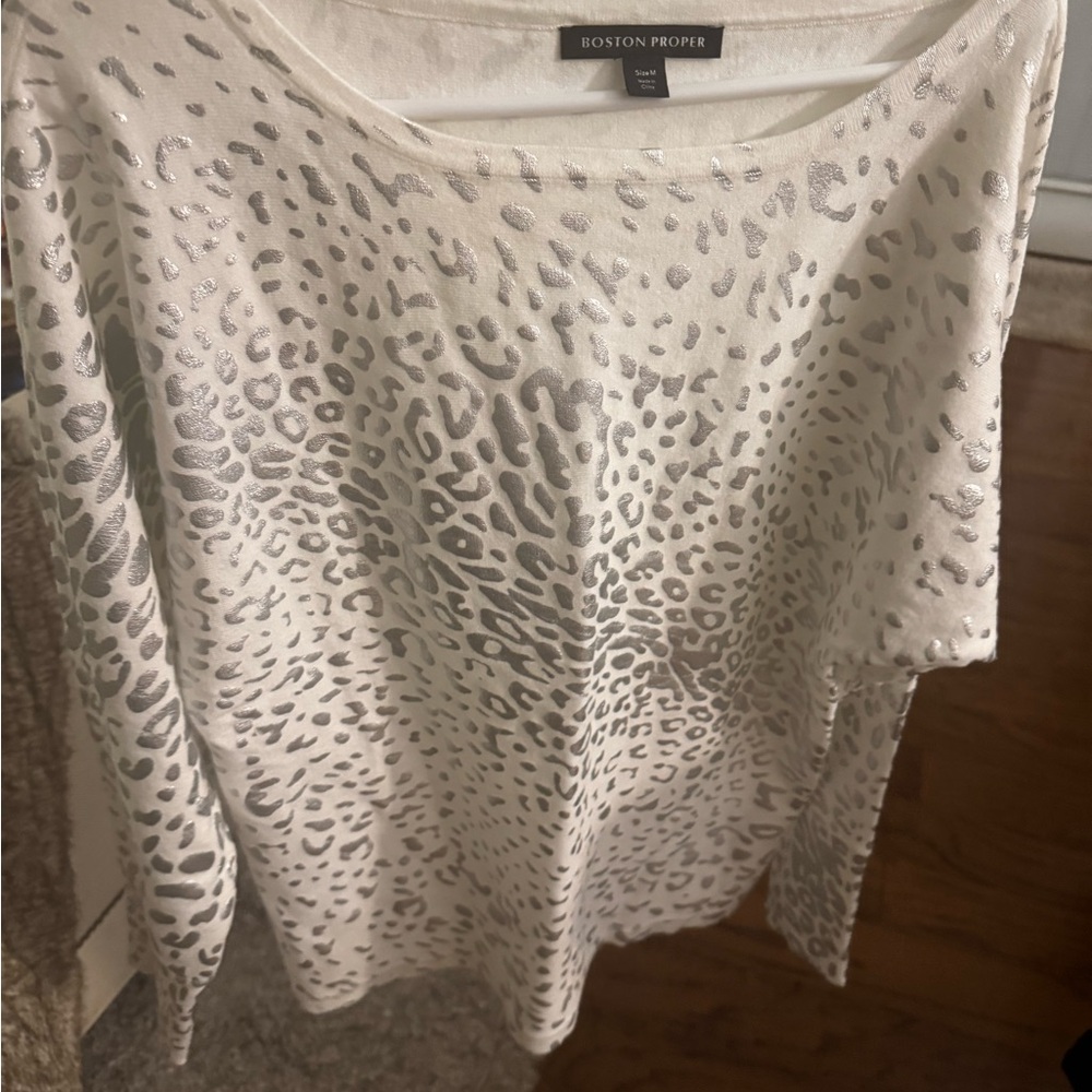 Boston Proper Cream and Silver Animal Print Top